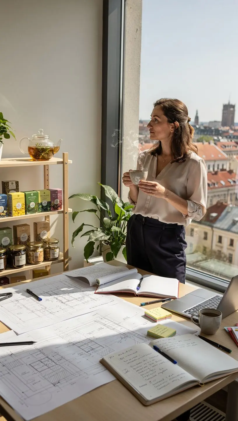 Asmuo ramiai geriantis arbatą prie lango, apgalvojantis dienos rutiną ir sveikatingumą.
