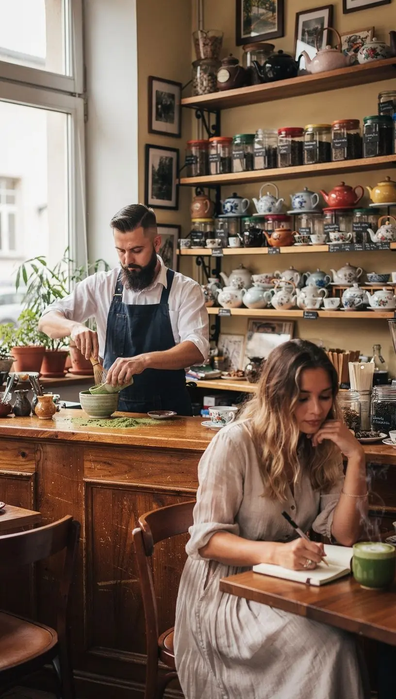 Medžio stalas su arbatos rinkiniu, žvakėmis ir dienotvarke, atspindintis subalansuotą ir malonią kasdienybę.