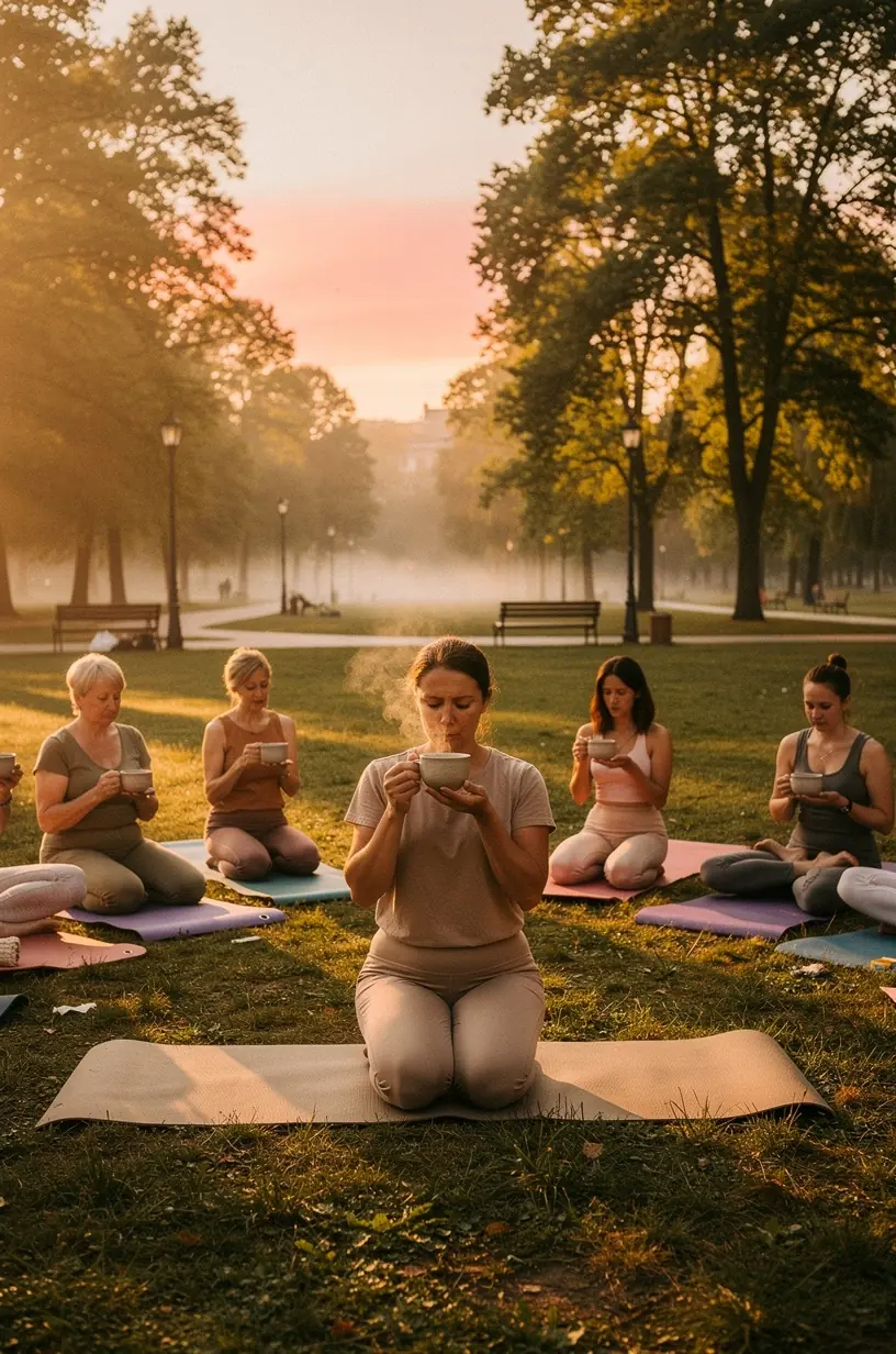 Puodelis arbatos ant stalo šalia dienos plano ir natūralių augalų, simbolizuojantis sveiką rutiną.