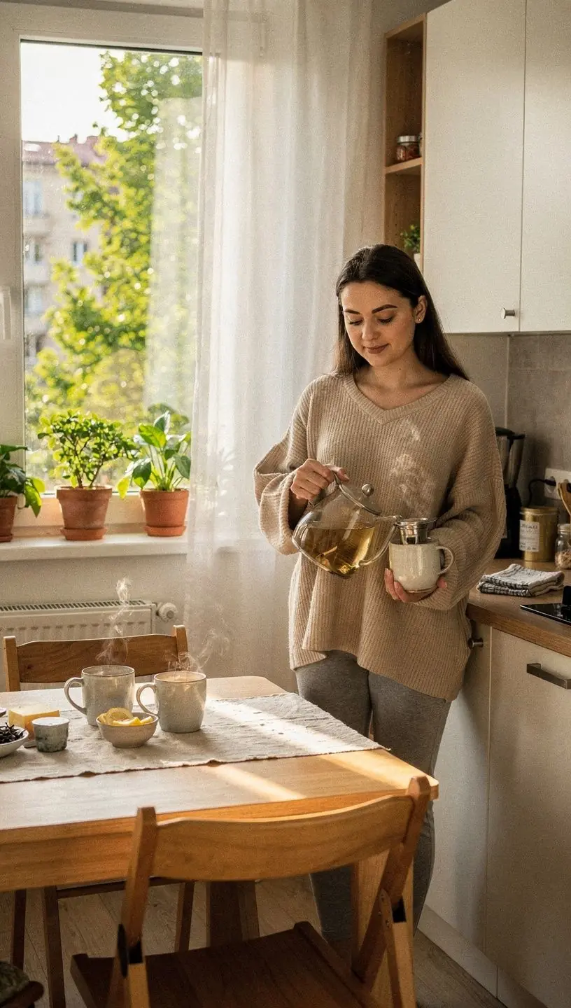 Švari ir harmoninga virtuvės erdvė su arbatos puodeliais ir žaliais lapais, skatinanti ramybę ir komfortą.